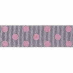 Berisford Ribbon Spotty Grosgrain Grey/Pink Colour No.13 Ribbon - 15mm X 20M