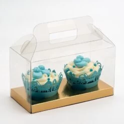 Club Green Clear PVC High Quality Cupcake Box With Gold Insert - Holds 2