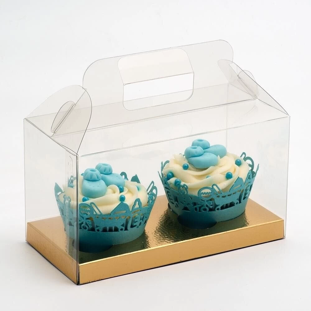 Club Green Clear PVC High Quality Cupcake Box With Gold Insert - Holds 2 3 Club Green Clear PVC High Quality Cupcake Box With Gold Insert - Holds 2