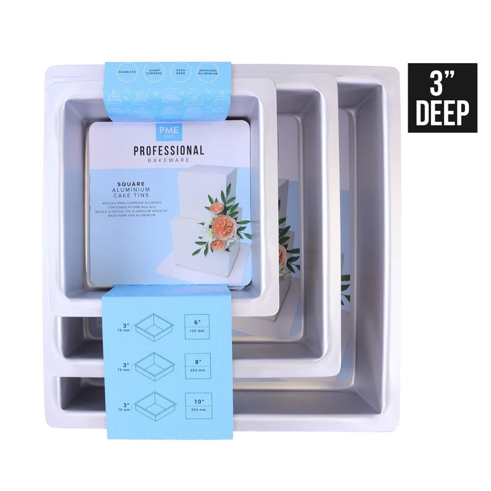 PME 3" Deep Square Cake Tins - Set Of 3 - 6", 8", & 10" 3 PME 3" Deep Square Cake Tins - Set Of 3 - 6", 8", & 10"